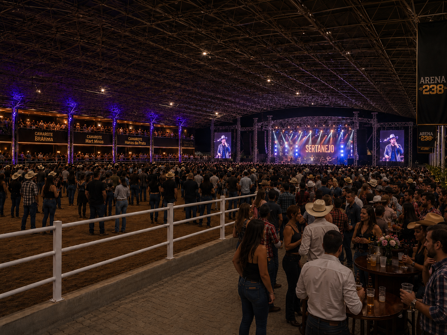 Show sertanejo noturno na Arena 238 com palco, telões e público lotando a arena