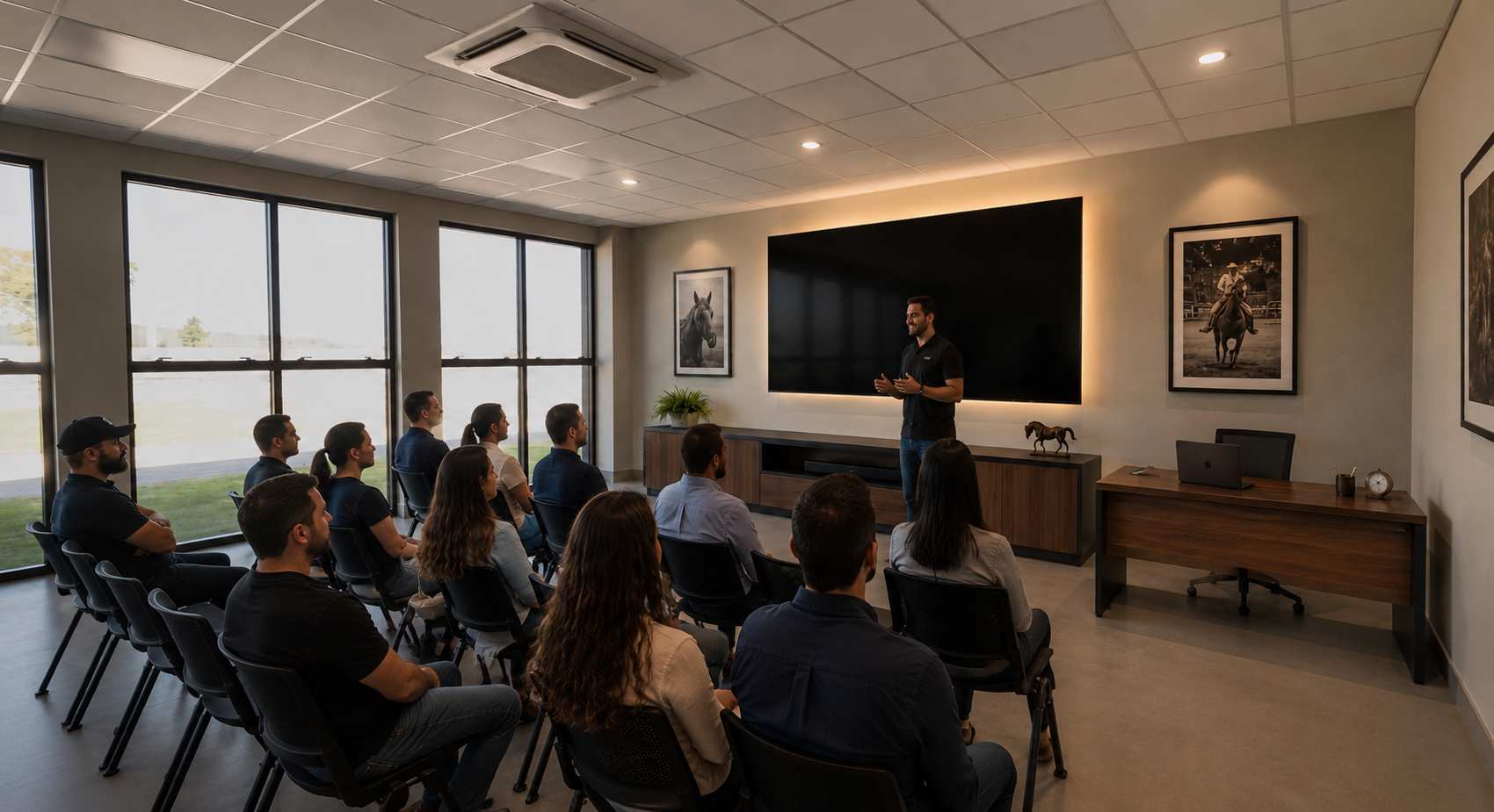 Sala de apresentação da Arena 238 com participantes assistindo a um treinamento