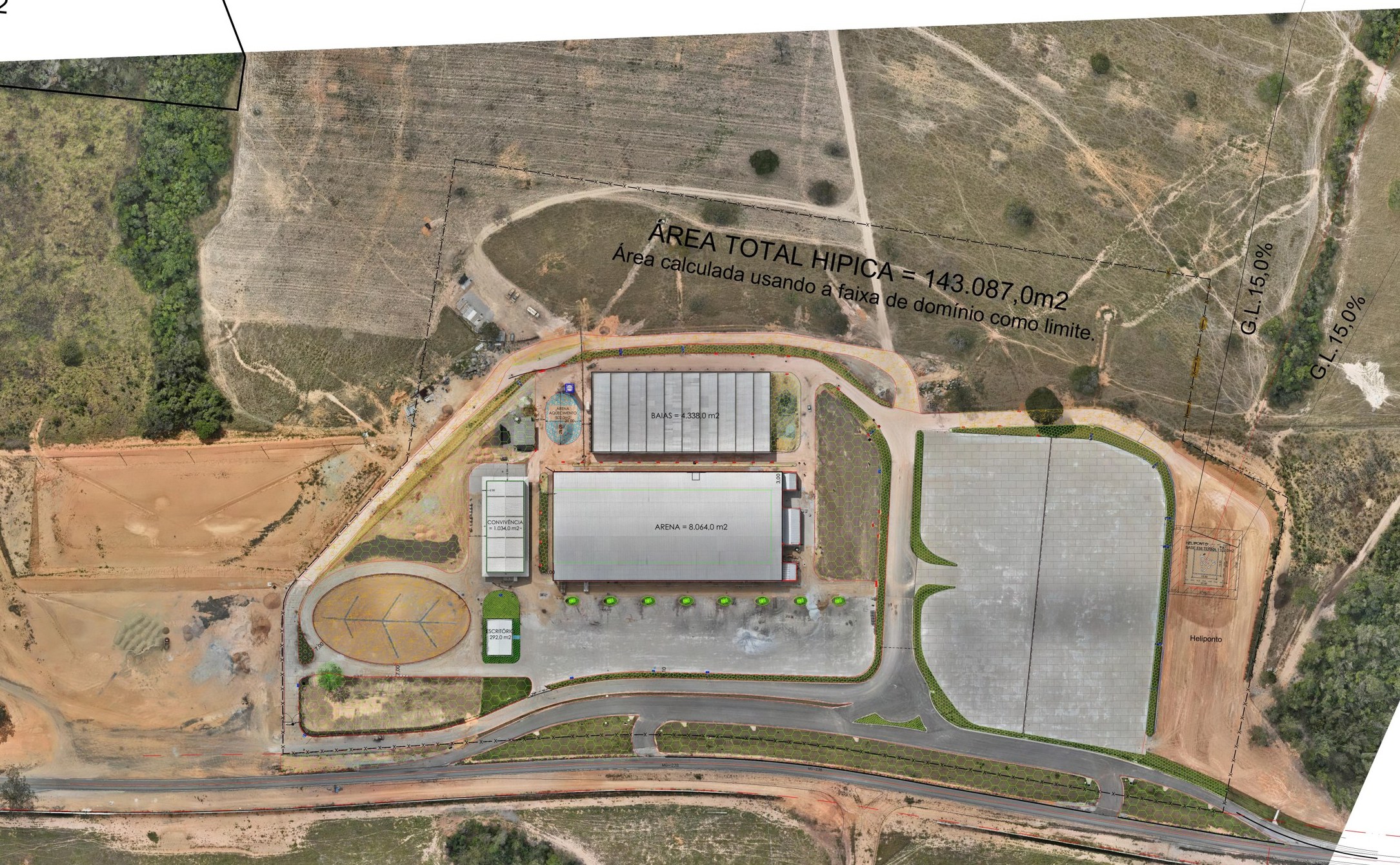 Mapa aéreo do recinto da Arena 238 com Arena Hub, Arena Hall e Arena Park